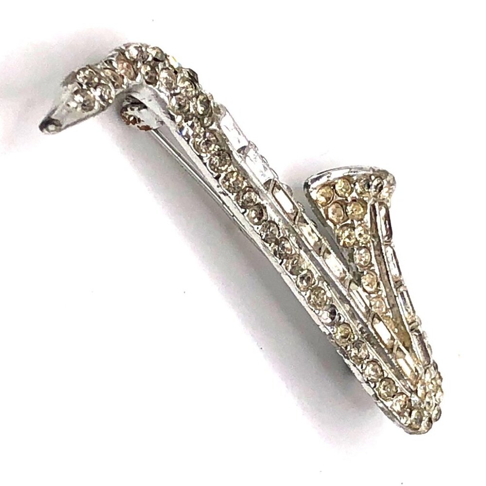 Vintage Silver Tone Rhinestone Saxophone Brooch Pin – Sparkle with Sax Appeal! - Picture 6 of 10